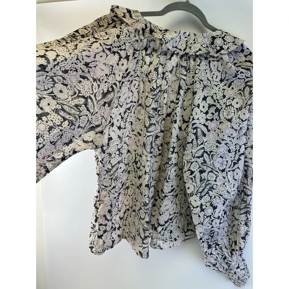Anthropologie Floral Ruffle Peasant Top Long Puff Sleeves Button Cotton Large